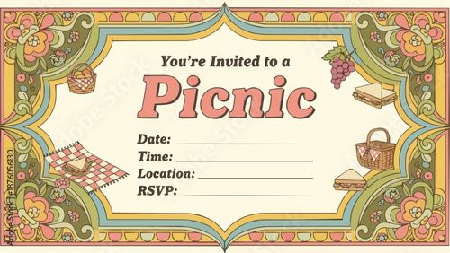 Vintage Picnic Invitation Card with Decorative Border.