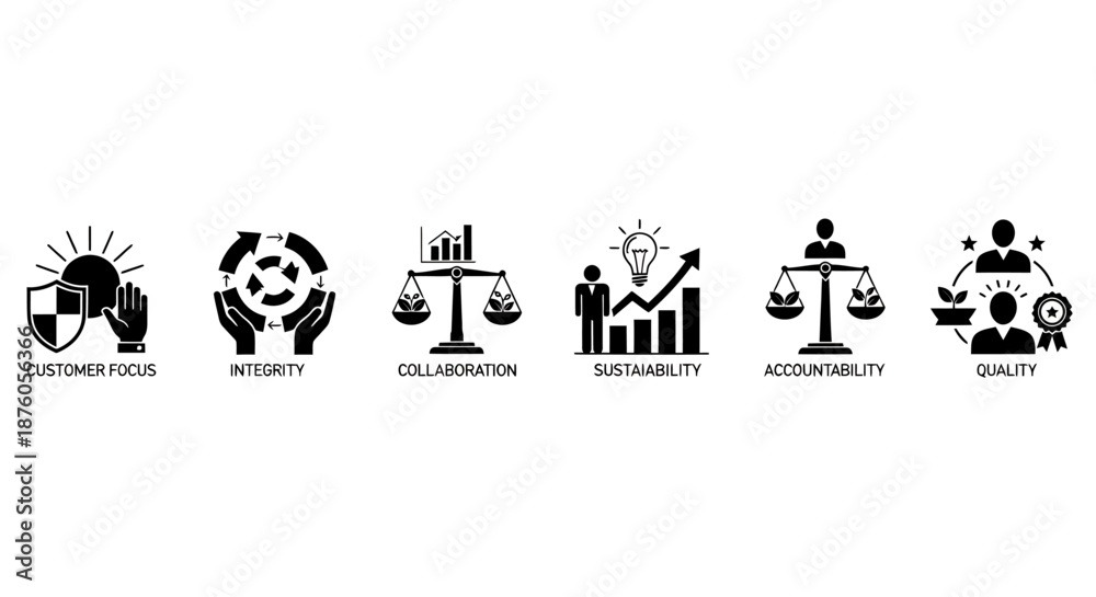 Fototapeta premium Conceptual icons representing key business values and principles.