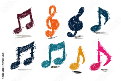 다양한 색상의 음표와 높은음자리표가 붓 터치로 그려진 추상적인 음악 기호 일러스트
