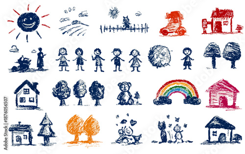 아이들의 순수한 그림으로 표현된 해, 집, 나무, 사람, 동물, 무지개 등 다양한 상상력 가득한 일러스트 모음