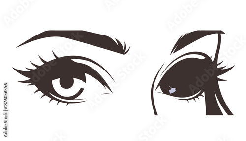 매혹적인 여성의 눈, 속눈썹과 눈썹이 강조된 클로즈업 일러스트