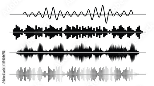Audio waveform and sound signal illustration set showing different sound frequencies