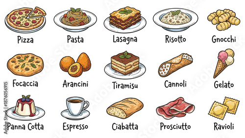 Assorted Italian dishes and desserts including pizza, pasta, and gelato on a clean white background