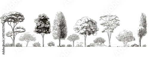 다양한 종류의 나무들이 흰색 배경에 그려져 있는 흑백 일러스트레이션