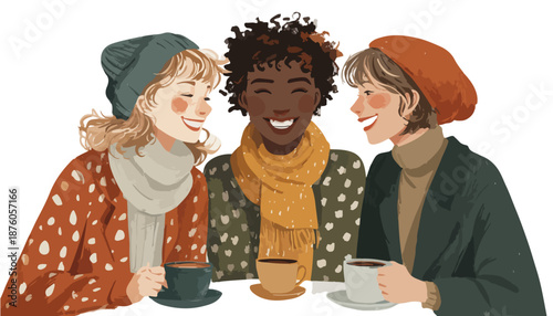 따뜻한 겨울 의상을 입은 세 명의 젊은 여성들이 커피를 마시며 즐겁게 웃고 대화하는 모습