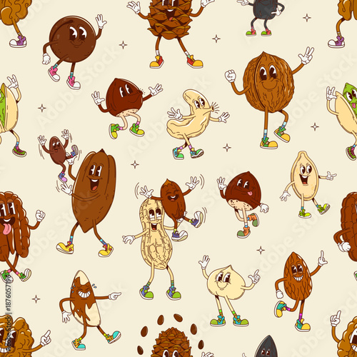 Cartoon groovy nut and seed characters vector pattern. Funny peanut, hippie almond, cartoon walnut, funky pistachio, happy cashew, cocoa bean, pine nut walking or dancing. Organic food, healthy snacks