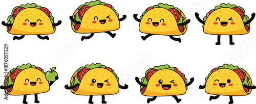 Cute kawaii taco cartoon character set with happy smiling faces and various poses for Mexican restaurant branding stickers and fast food designs