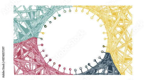 다양한 색상의 선들이 엮여 원형을 이루며 투명한 연결성과 협업을 상징하는 추상적인 디자인