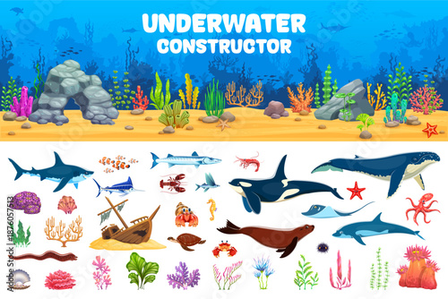 Underwater construction set with sea animals, fish and seaweeds, landscape details and sunken ship, shark, octopus and turtle, sea plants, coral reefs, rocks and marine creatures, vector constructor