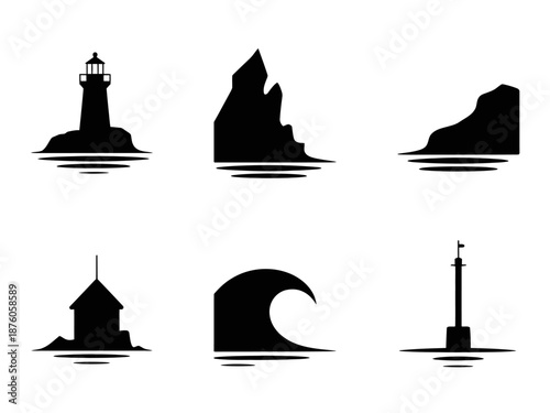 Temple silhouette with sailboat and ocean vector icons set