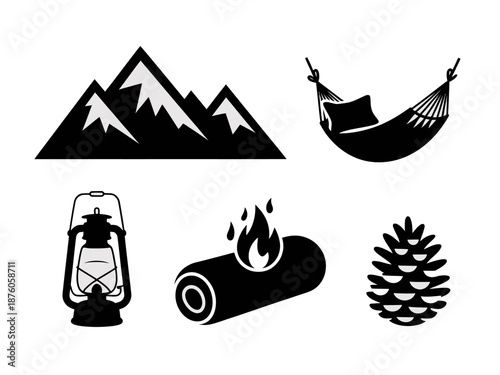 Camping and nautical icons set with tent sailboat and mountain symbols