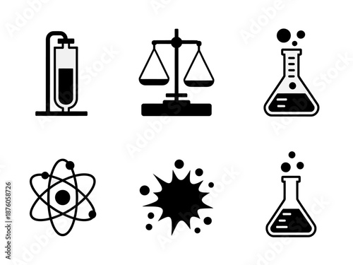 Science and chemistry icon set vector illustration with laboratory equipment and industry symbols
