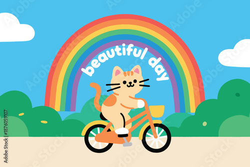 Cartoon cat riding bicycle under rainbow with “beautiful day” text in cheerful outdoor scene.