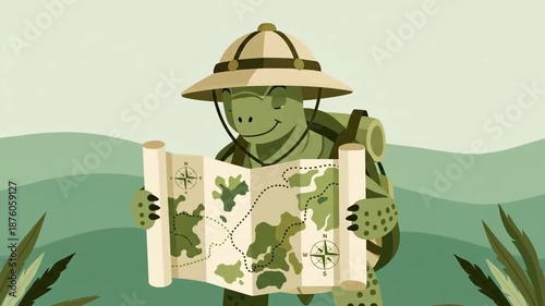 Adventurous Turtle On A Scenic Voyage Navigating With A Detailed Map Across A Lush Landscape