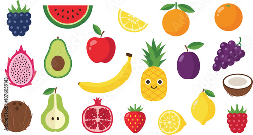 Colorful flat vector fruit set with watermelon avocado dragon fruit pineapple pomegranate and citrus slices for healthy lifestyle and summer designs