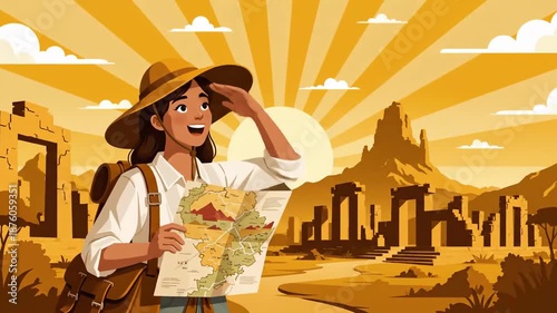 Adventurous Woman Discovering Ancient Ruins With Folded Map Under Golden Sunlight And Blue Sky