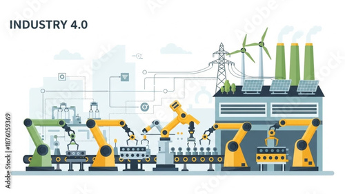 Automated Manufacturing Process with Industrial Robots Illustration