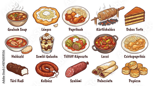 Assorted traditional dishes and desserts displayed on a white background