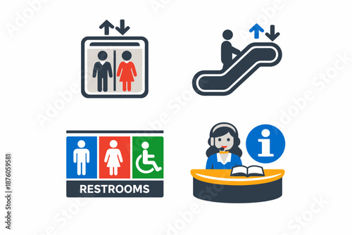 Icons for public facilities elevator escalator restrooms information desk.