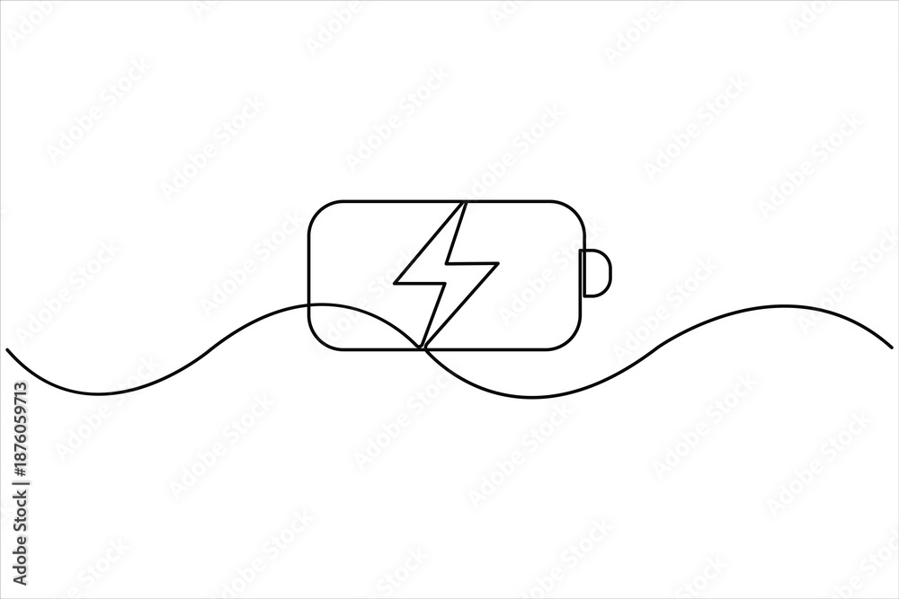 Obraz premium Continuous one line art drawing of battery with bolt sign design vector illustration