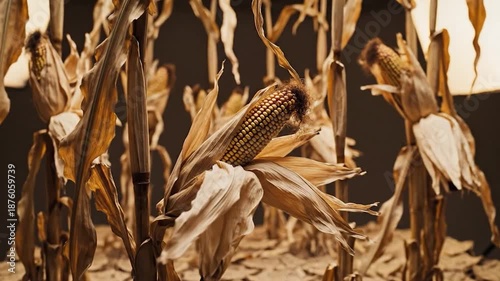 Close-up of dried corn stalks with exposed cobs on cracked earth in a studio setting