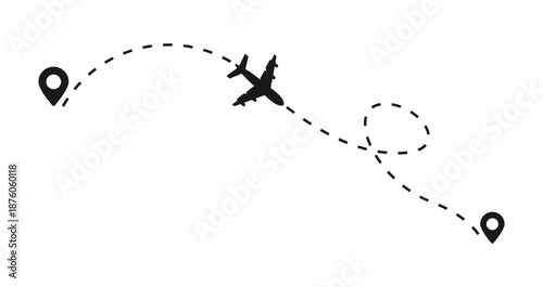 Flight route vector illustration. Airplane on dashed line on path to destination. Flight tracking interface.