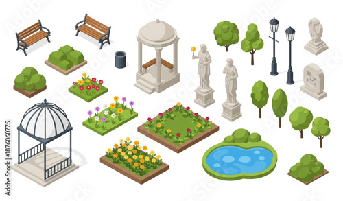 Urban park isometric landscape elements with benches statues lakes and trees flat vector set isolated on transparent background
