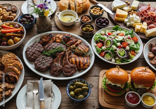 Wallpaper Mural Abundant feast of grilled meats, fresh salads, burgers, and appetizers laid out on a rustic wooden table Torontodigital.ca