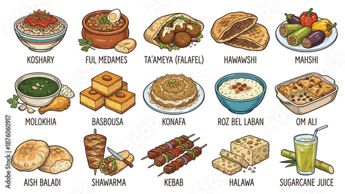 Assorted traditional Middle Eastern dishes and drinks displayed on a clean white background, showcasing a variety of cuisine from different cultures.