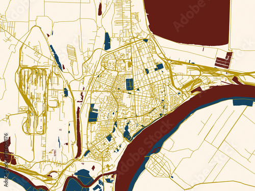 Tablou pe pânză Flat city map of Galati, Romania in gold street network with navy water