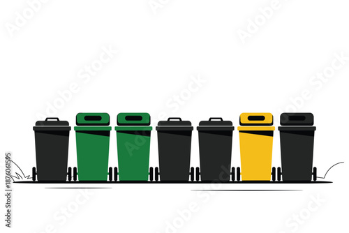 Assorted Recycling and Waste Bins Lined Up, waste management concept