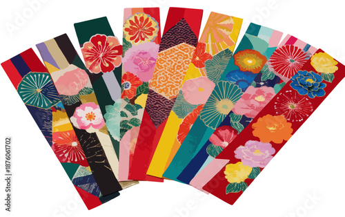 다채로운 꽃과 기하학적 패턴이 디자인된 일본 전통 오비 조각들이 부채꼴 모양으로 펼쳐져 있습니다.