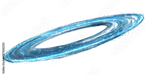 반짝이는 푸른 빛의 고리 모양 에너지 파동이 투명한 배경 위에서 회전하며 미래적인 느낌을 자아냅니다.