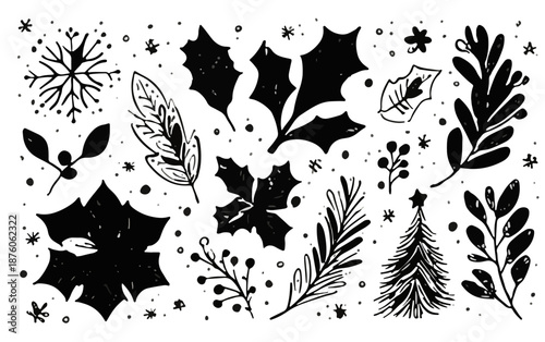 다양한 겨울 식물과 눈송이, 크리스마스 트리 모양의 손으로 그린 흑백 일러스트 요소 모음