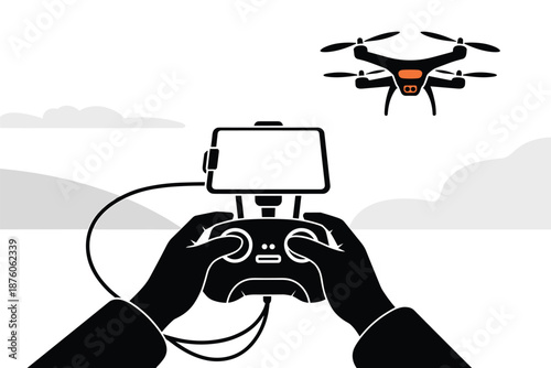 Person Operating a Drone with Remote Controller and Smartphone, drone technology concept