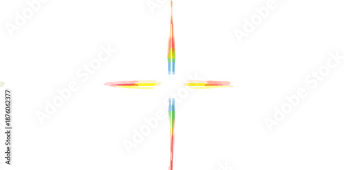 무지개 빛깔의 선명한 십자 모양이 흰색 배경에 투명하게 떠 있는 추상적인 그래픽