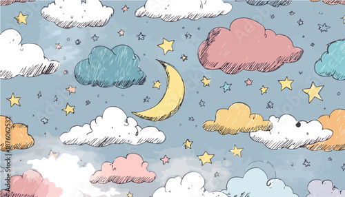 밤하늘에 떠 있는 귀여운 달과 별, 파스텔톤 구름이 어우러진 몽환적인 일러스트 배경