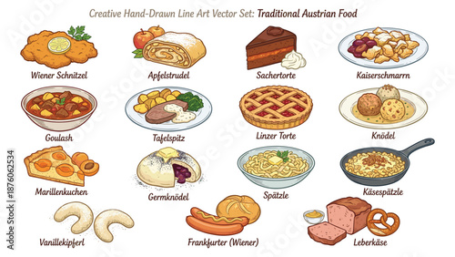 Traditional Austrian cuisine featuring festive dishes and desserts in a vibrant illustration style
