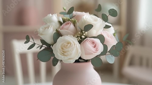 Beautiful bouquet of white and pink roses with eucalyptus in a pink vase indoor