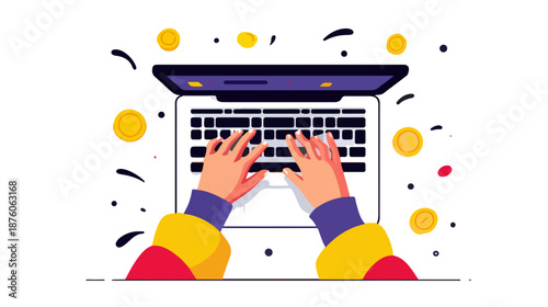 손으로 노트북 키보드를 치며 동전을 얻는 모습, 온라인 수익 창출 및 재테크 개념