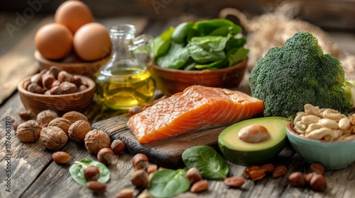 healthy food: salmon fillets, eggs, avocados, nuts