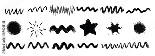 다양한 붓 터치 효과와 별, 점, 파편 모양의 검은색 그래픽 요소 모음