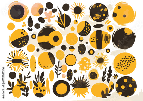 다양한 크기와 질감의 추상적인 노란색과 검은색 점, 원, 식물 모티프 일러스트 모음