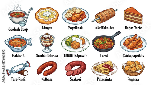 Assorted traditional dishes from around the world displayed on a clean white background in a visually appealing illustration