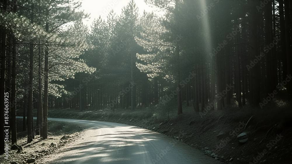 Obraz premium Winding road through dense forest with sun rays filtering through trees