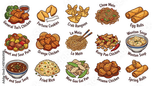 Assorted Asian-style dishes, including various Chinese and other delicacies, are displayed on a clean white background for culinary illustration.