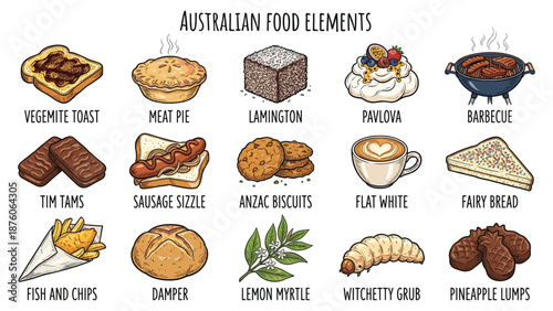 Assorted Australian food elements displayed on a clean white background