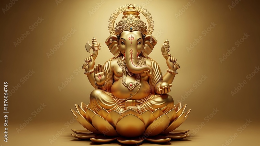 Fototapeta premium Intricate golden statue of Lord Ganesha seated on a lotus pedestal in a serene
