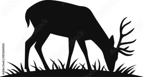 Minimalist black deer grazing in field silhouette vector icon
