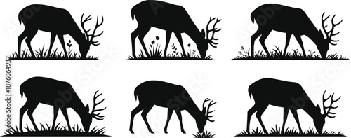 Set of Minimalist black deer grazing in field silhouette vector icon